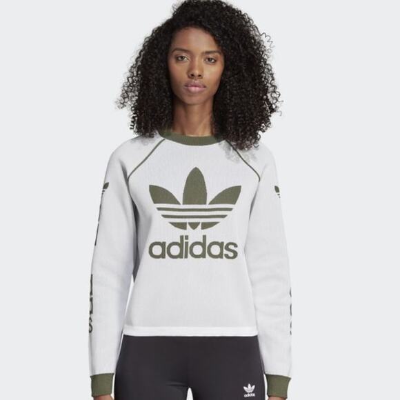 Adidas White and Green Knit Logo Pullover - Picture 1 of 7